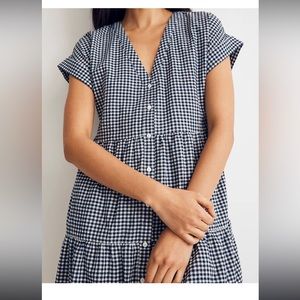 Madewell XL- Cuff-Sleeve Button-Front Tiered Mini Dress in Gingham Check. Navy